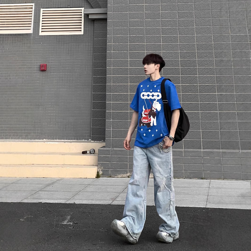 GOODBRAND シュナウザー クロス畳 おしゃれ 高級プリント 半袖 カップル Tシャツ オールドホワイト 同スタイル|undefined