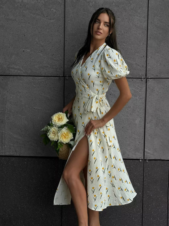 Đầm liền cotton in hoa cổ chữ V tay bồng buộc dây lưng cao — Hoa oải hương, Hoa tulip màu hồng, Màu be, Màu hồng chi tiết 71