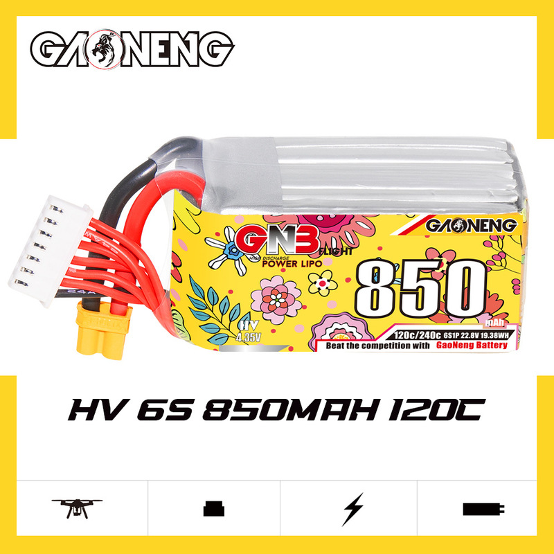 GNB High Energy 850mAh 6S 22.8V 120C HV AdaptS to 2-2.5inCh AirCraft Model Drone FPV Lithium Battery GNB High Energy 850mAh 6S 22.8V 120C HV AdaptS to 2-2.5inCh AirCraft Model Drone FPV Lithium Battery