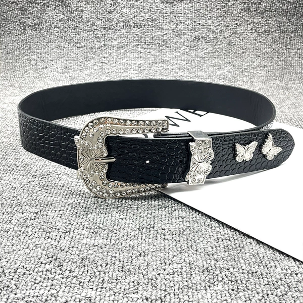 [Black] Rhinestone Four Butterfly Lychee Pattern Belt