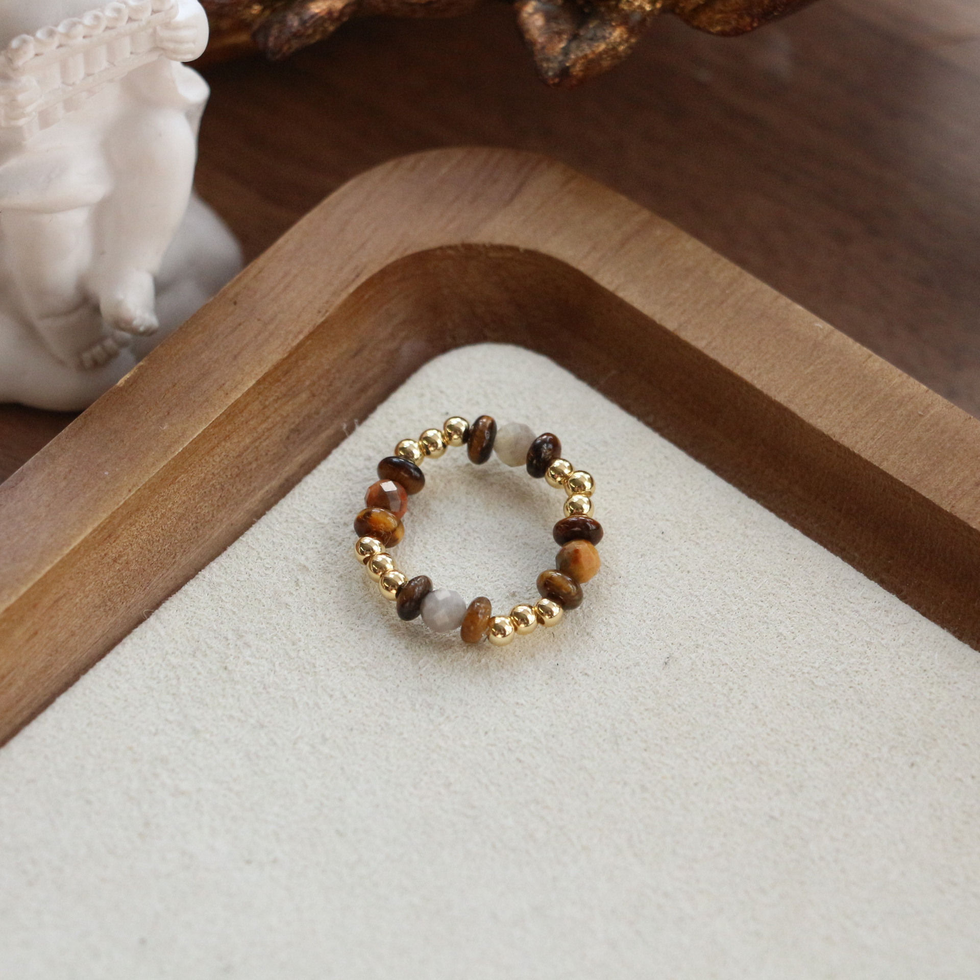 Handmade Beaded Ring With Natural Agate And Tiger Eye Stones_voghion.com