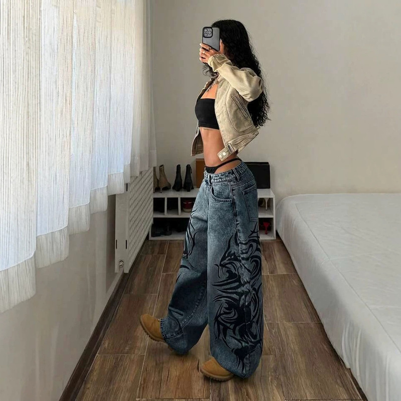 European and American cross-border foreign trade printed Y2K style straight loose wide-leg black versatile washed autumn and winter women's jeans European and American cross-border foreign trade printed Y2K style straight loose wide-leg black versatile washed autumn and winter women's jeans