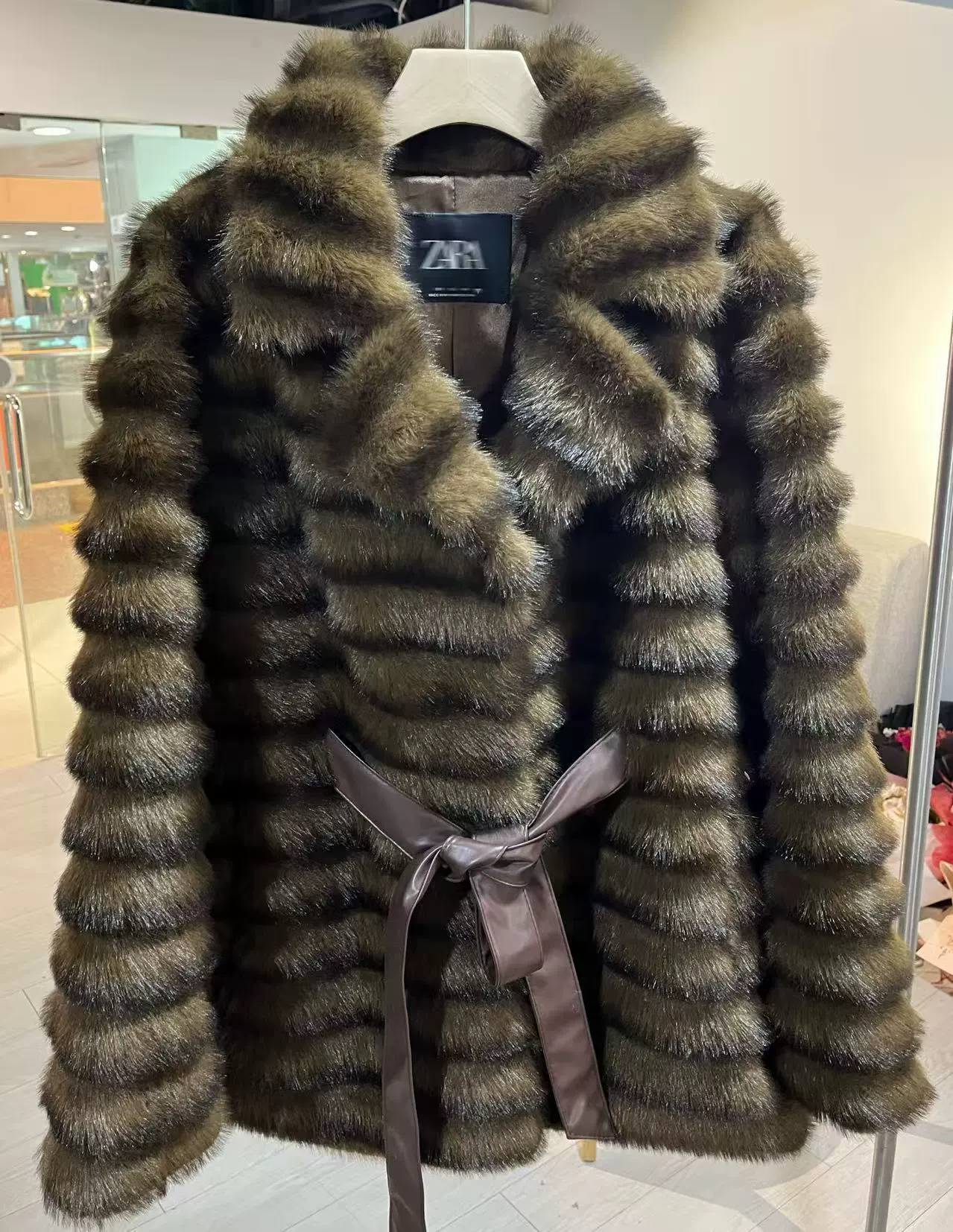 Faux‑mink integrated fur coat, mid‑length with collar, eco‑friendly design
