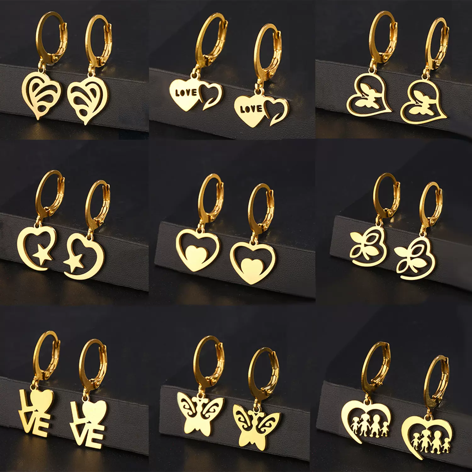 欧美简约不锈钢爱心桃心耳坠蝴蝶金色耳环花朵耳圈个性耳饰批发