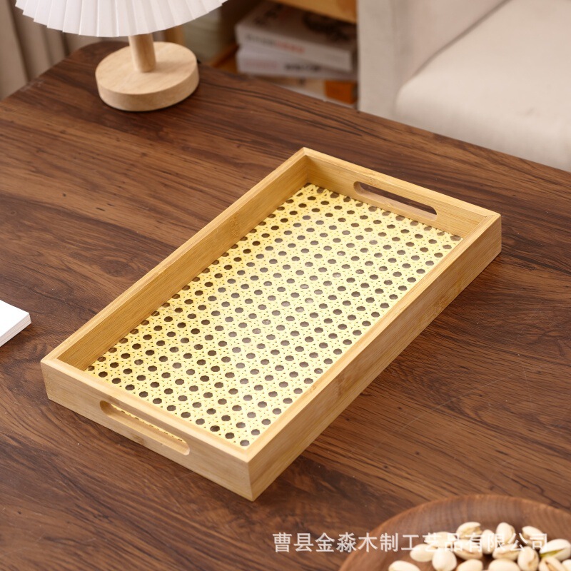 創造的な籐模様の竹製トレイ、家庭用、レストラン用、茶器用、小さなトレイ、菓子用、正方形、持ち手付き茶托、頑丈な無垢材|undefined