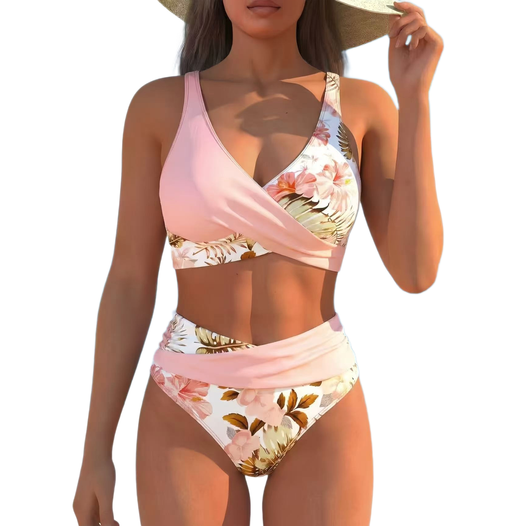 Damen-Bikini-Set mit tropischem Blumenmuster, sexy Wickeldesign, Badebekleidung im Urlaubs- und Freizeitstil_voghion.com
