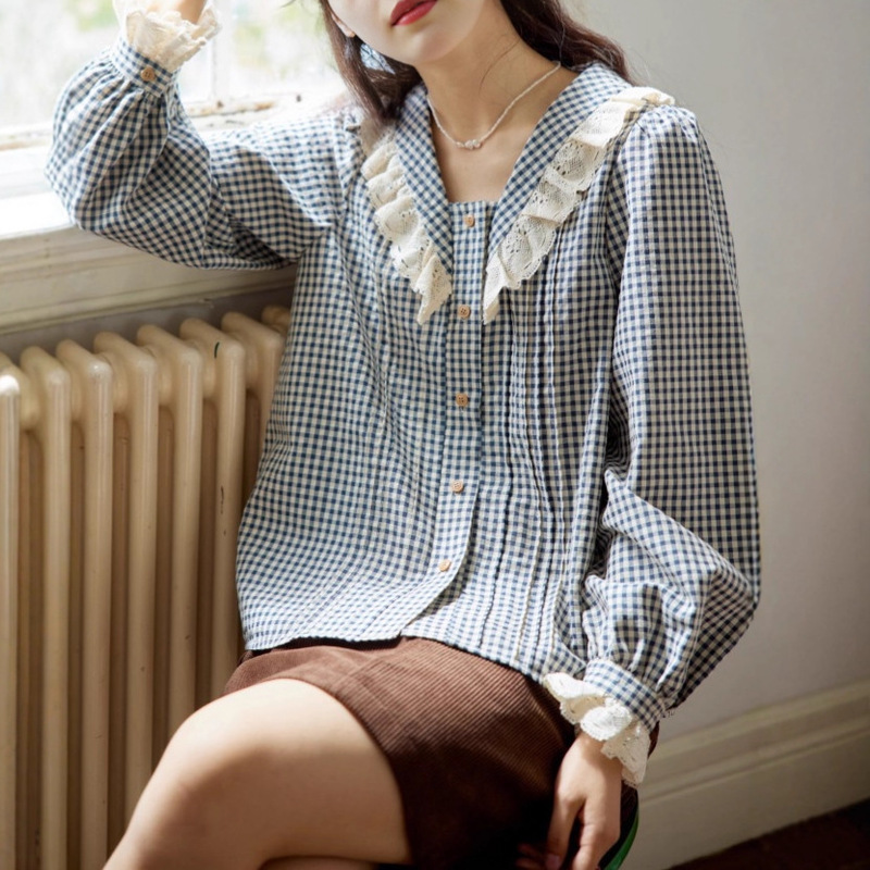 Nov Elist Lace Splicing Plaid Shirt Women's Design Niche V-Neck French Shirt