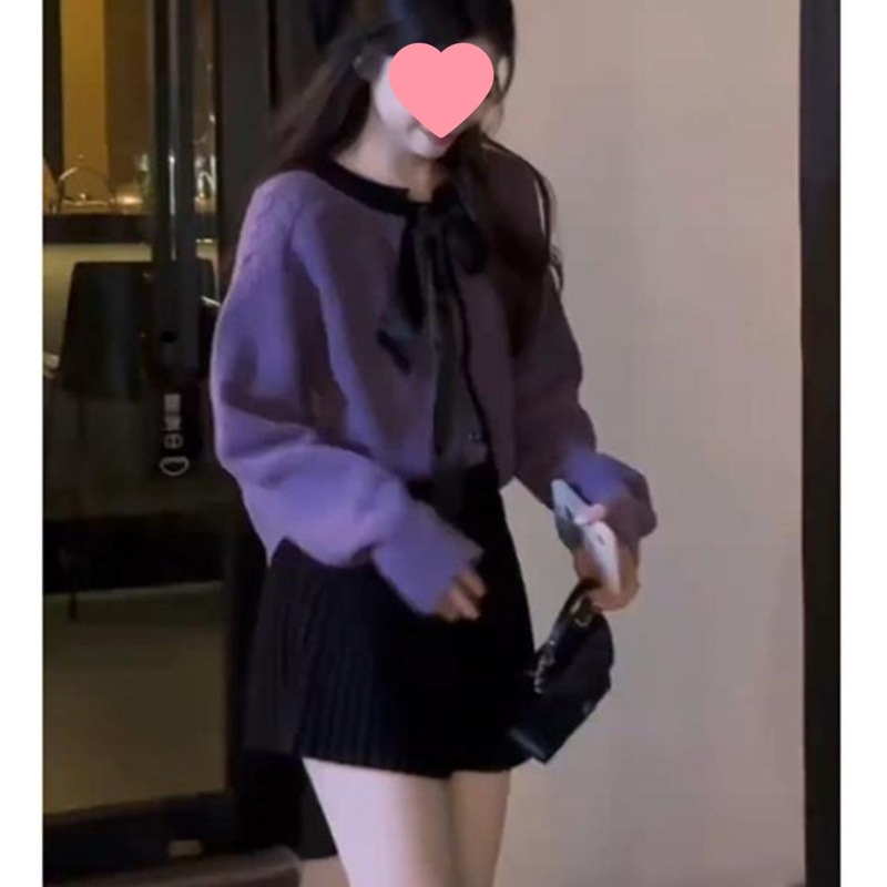 秋冬穿搭高级感套装女2025新款温柔撞色蝴蝶结毛衣百搭短裙两件套|undefined