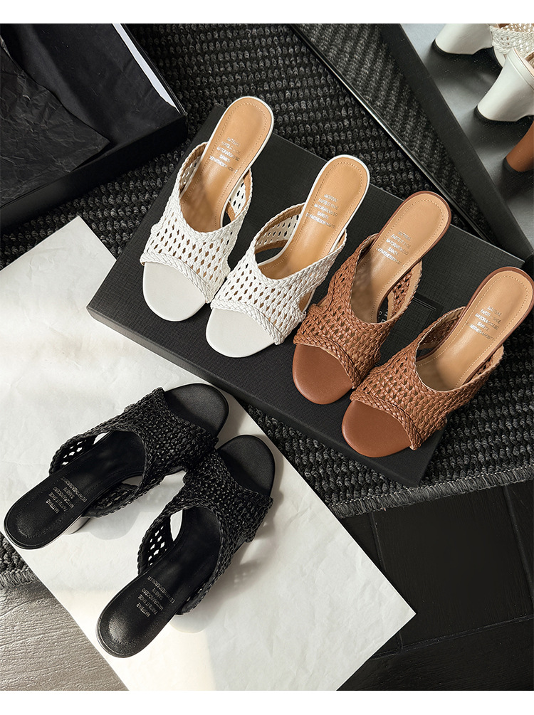 Sandal cao gót nữ hở mũi đan lát phong cách thiết kế độc đáo, gót nêm 9 cm — màu nâu, màu đen, màu trắng chi tiết 21
