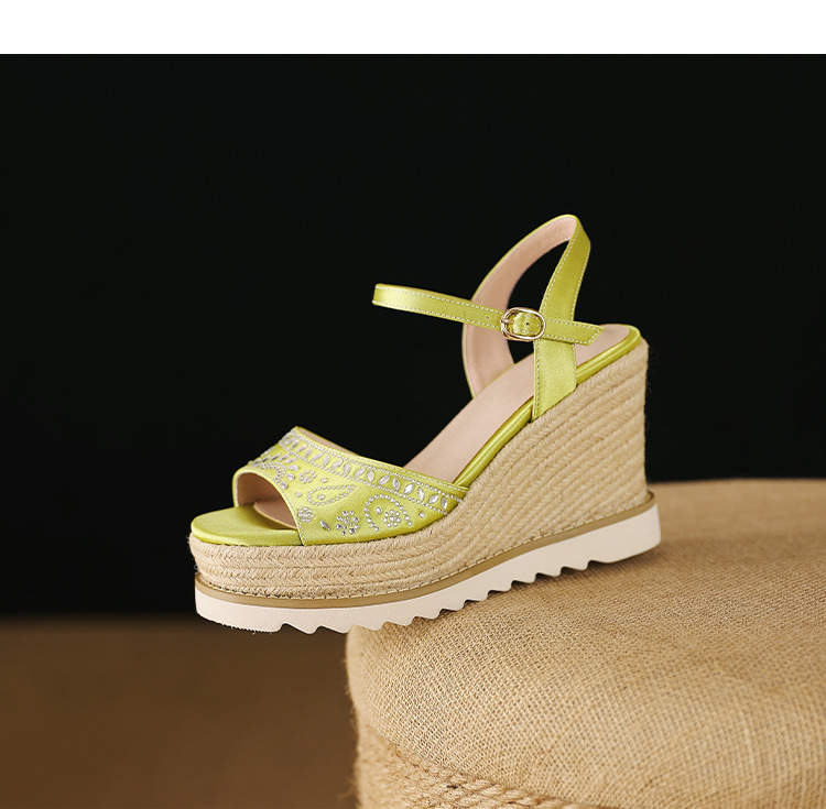 Sandal cao gót nữ quai ngang đế xuồng mũi hở phong cách boho — Xanh lá cây nhạtcolor, màu hồng, màu trắng ngà chi tiết 18