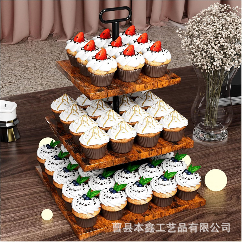 Wooden Dessert Rack Dining Table Cupcake Holder Party Service Dinner Plate Hand-held Cake Rack Solid Wood Display Rack