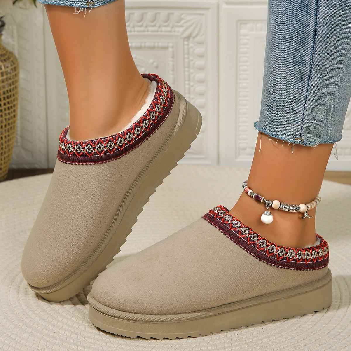 Lace ethnic fashion snow boots women's shoes semi-drag cotton shoes autumn and winter indoor outdoor_viptrois.com