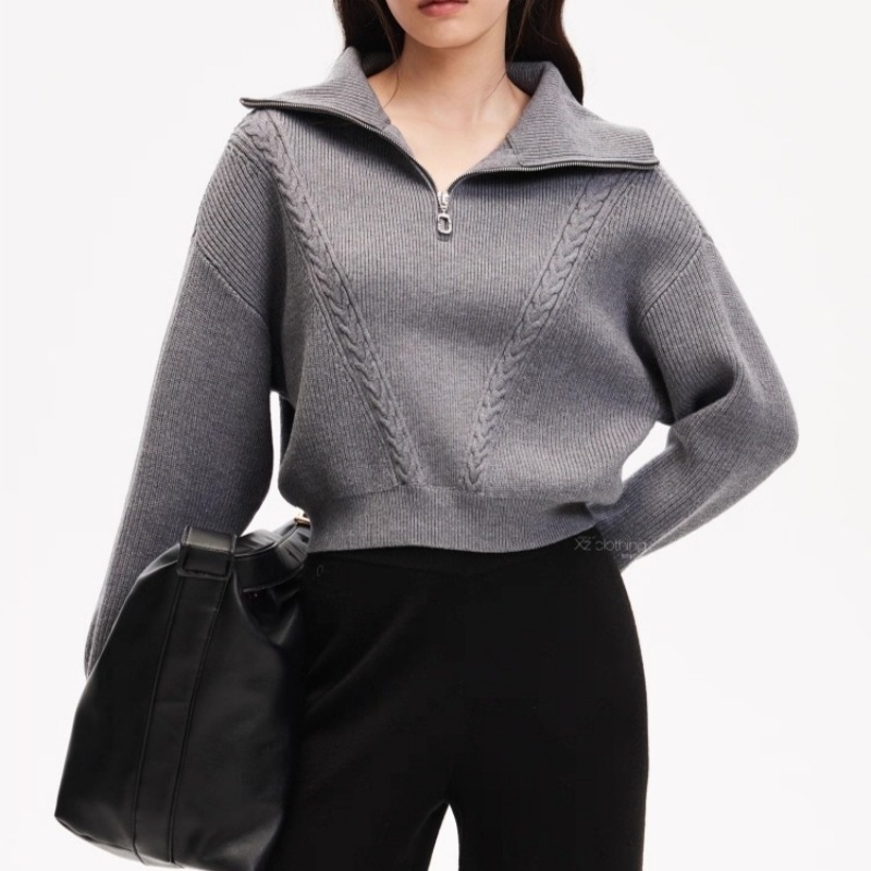 Autumn small design solid color knitted sweater with zipper