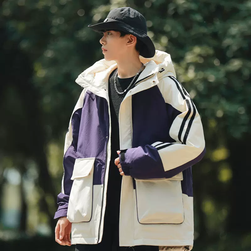 高品质新国标羽绒服男2025年冬季新品条纹拼色90白鸭绒短款外套男