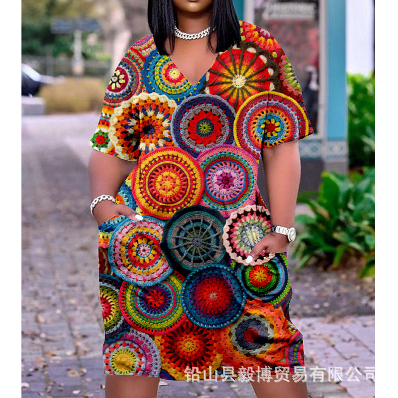 2022 cross-border Africa India plus size loose mid-length casual V-neck 3D printing ladies dress