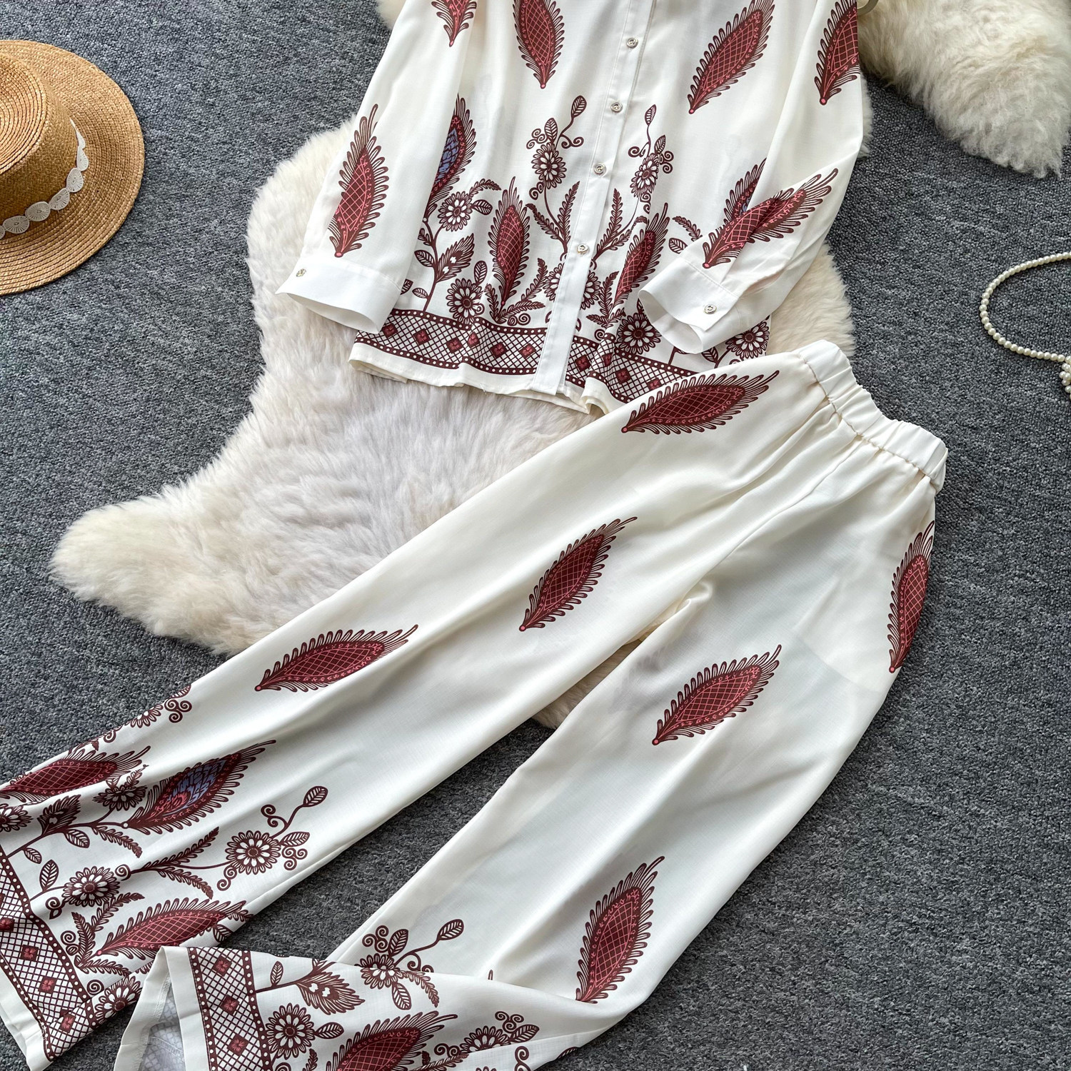 Retro Print Two Piece Set For Women Polo Collar Long Sleeve Shirt And Wide Leg Pants Elegant Commuter Suit_ecoleips.com