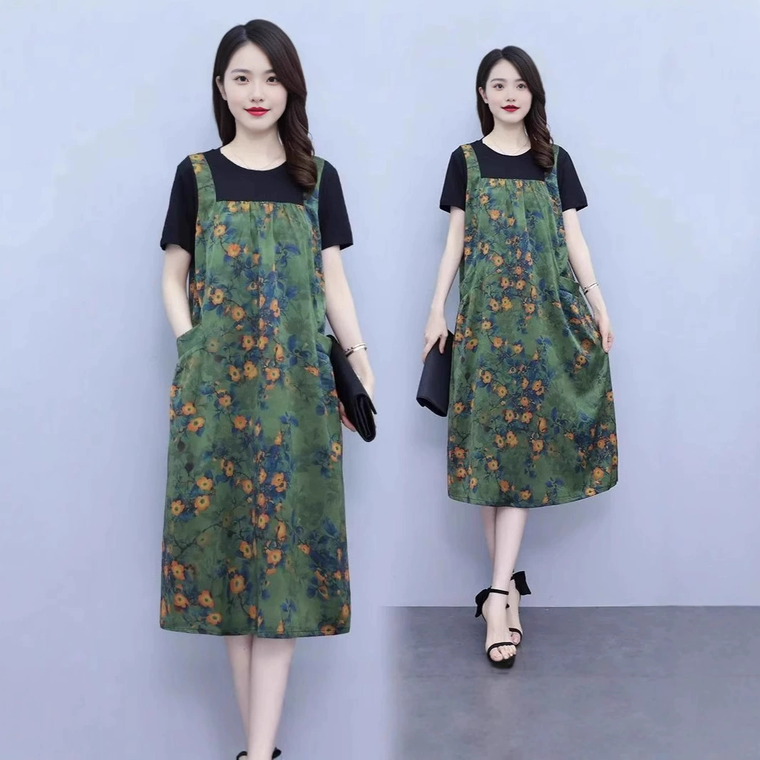 Женская одежда больших размеров, новое летнее платье из двух частей с карманами, свободное и стройнящее, юбка средней длины, закрывающая живот, 2025 г.