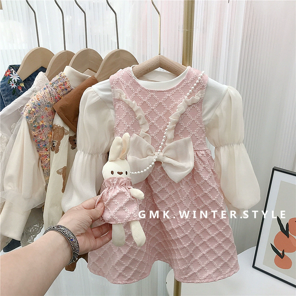 Безрукавное платье с бантом, базовая детская осенняя одежда, стиль Chanel, puff рукава