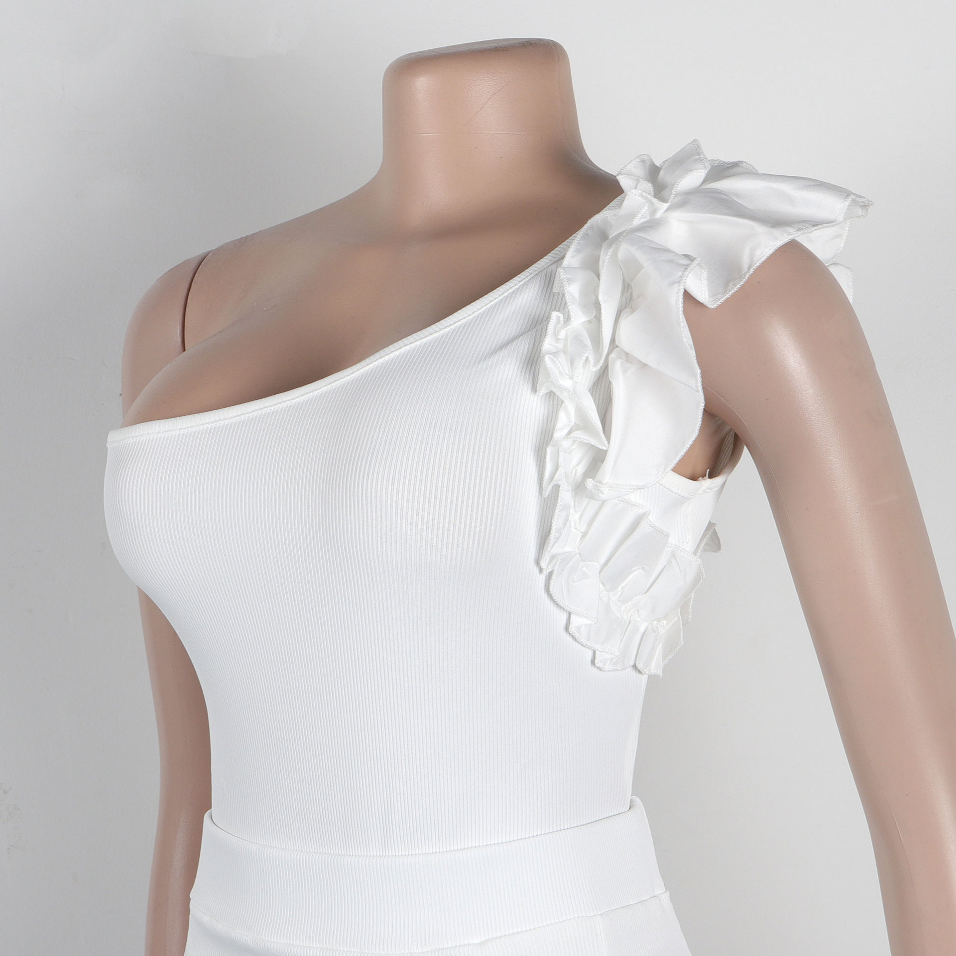 362g Weight Sleeveless Sleeve Length Polyester Fabric Type Skirt Co-ord Set Sets Type 2 Pieces Set Quantity Holiday Occasion One Shoulder Neckline Slim Fit Type Solid Color Pattern Summer Season Women's Gender Frill Design Elegant Style Holiday Women's Elegant Solid Color Polyester Frill Skirt Co-ord Set Skirt Sets 54