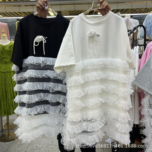 欧货潮牌网纱拼接短袖t恤裙春夏街头高级感大码宽松蝴蝶结连衣裙