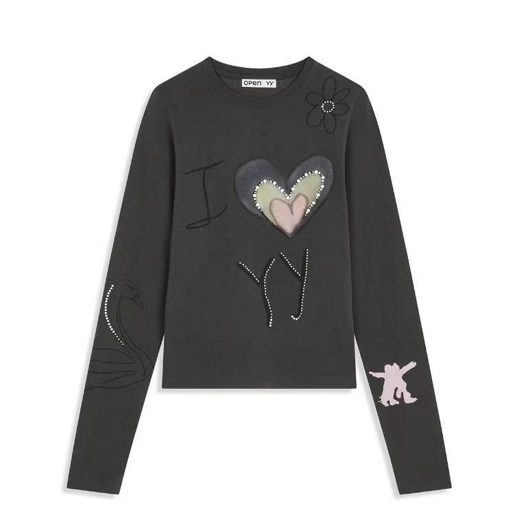 Yb Open Openyy25 Early Autumn New Contrast Color Heart Letter Print Embellished Beaded Round Neck Long-Sleeved Bottoming T-Shirt