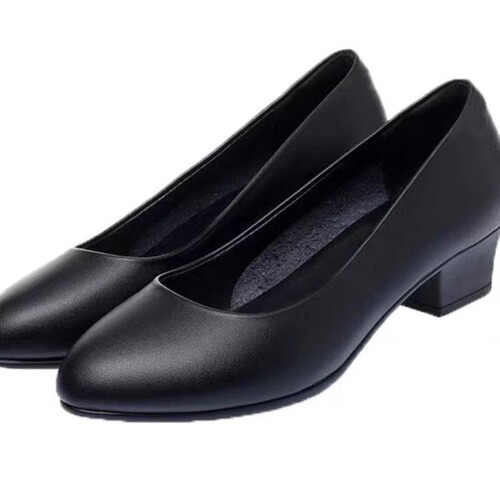 Female Flight Attendant Work Shoes Black Interview Uniform Professional Shoes Soft Sole Leather Shoes Thick Heel Single Shoes Women's Spring Autumn Four Seasons Shoes
