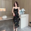 Mesh printed mid length buttock strap dress