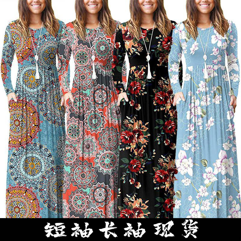 Amazon WISH explosions 2023 autumn new element printed round neck pocket long sleeve dress waist dress