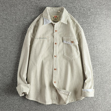 覆古补丁拼接设计美式覆古男式牛仔长袖衬衫定织条纹面料潮流外套