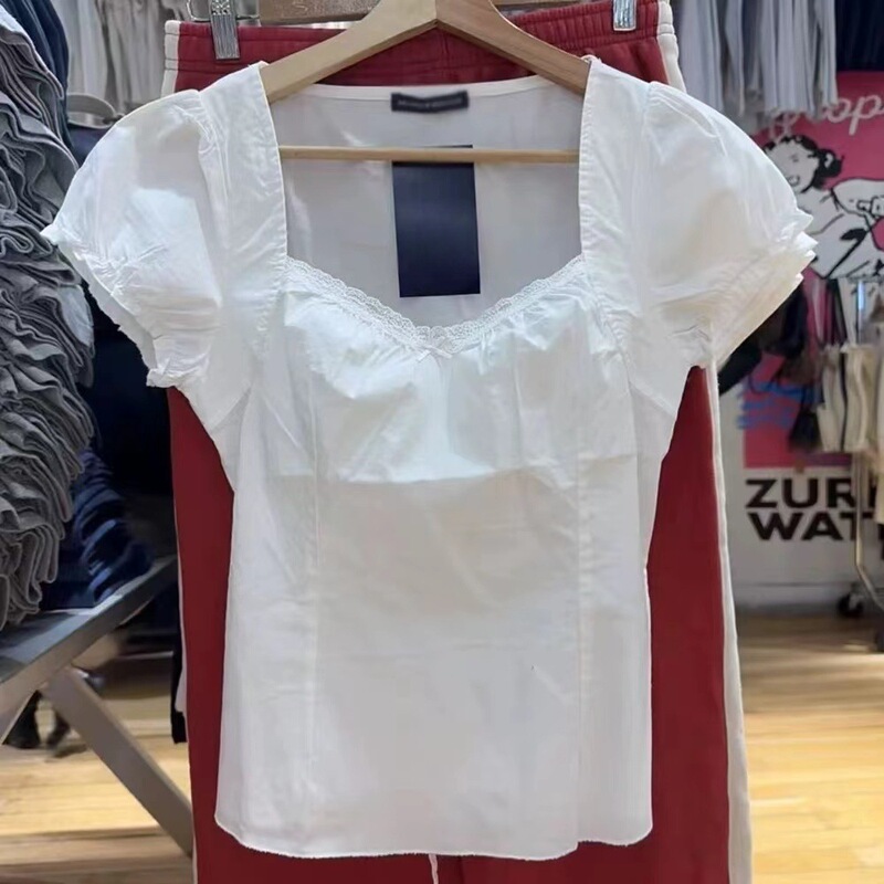 Bm New Lace Edge Bow Short-Sleeved Top for Women Bm Waist Tie Pure Desire Puff Sleeve U-Neck Shirt Bm New Lace Edge Bow Short-Sleeved Top for Women Bm Waist Tie Pure Desire Puff Sleeve U-Neck Shirt