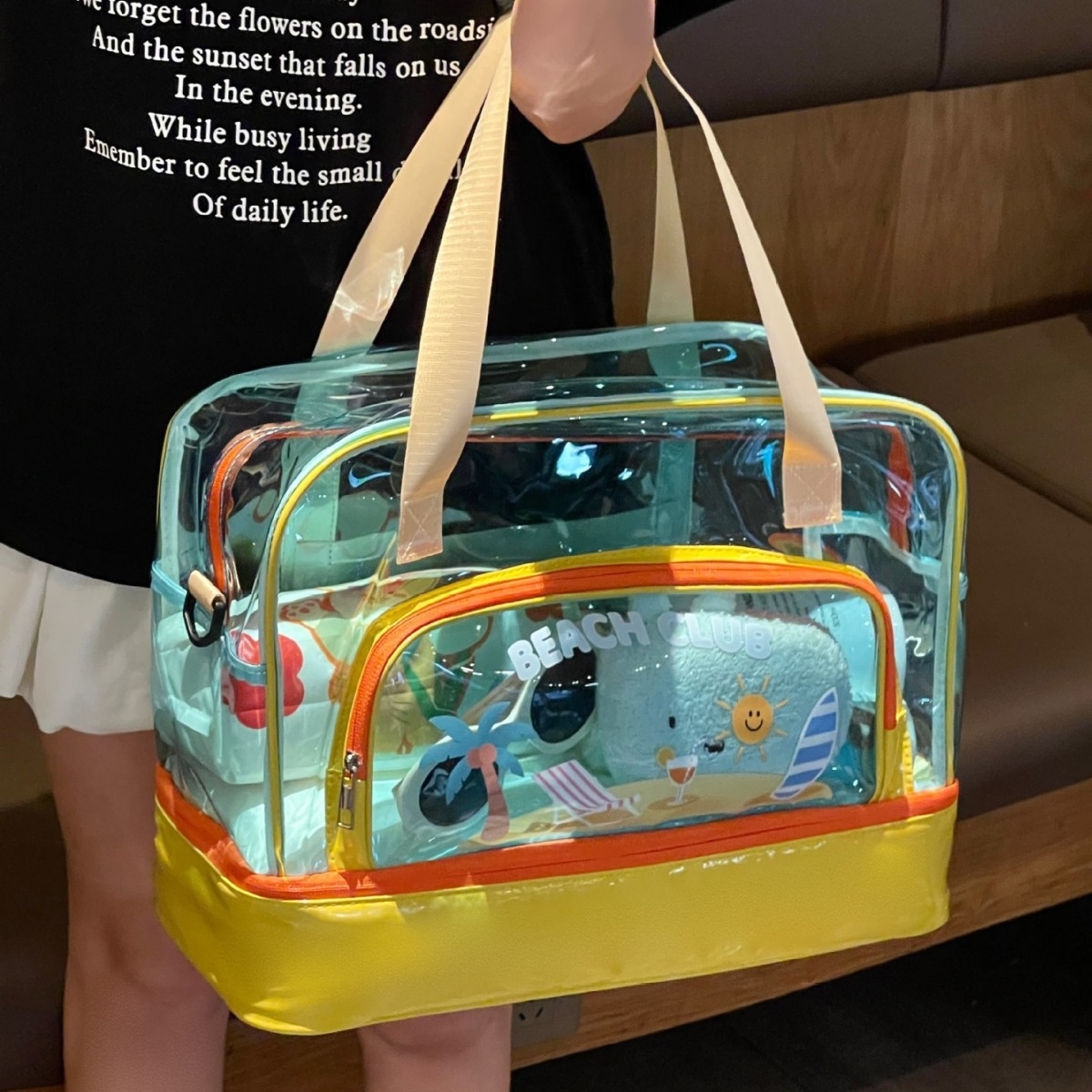 Beach Bag, Waterproof, Large Capacity, Zippered, Printed Handbag, Large Shoe Compartment, Can Be Worn Cross-Body, Wet and Dry Separation, Swimming Bag