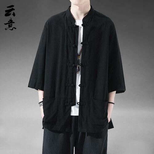 Summer Chinese Style Linen Short-Sleeve Tangzhuang Men Retro Five-Sleeve Hanfu Cotton-Linen Layman's Wear Plus Size Half-Sleeve Tea Dress
