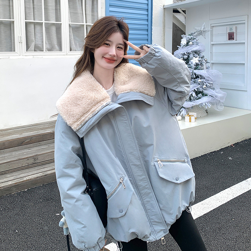 Real Shot of Light Blue Lamb Wool Large Lapel Parka down Jacket for Women, 2026 Winter New Style, College Style Thickened Coat