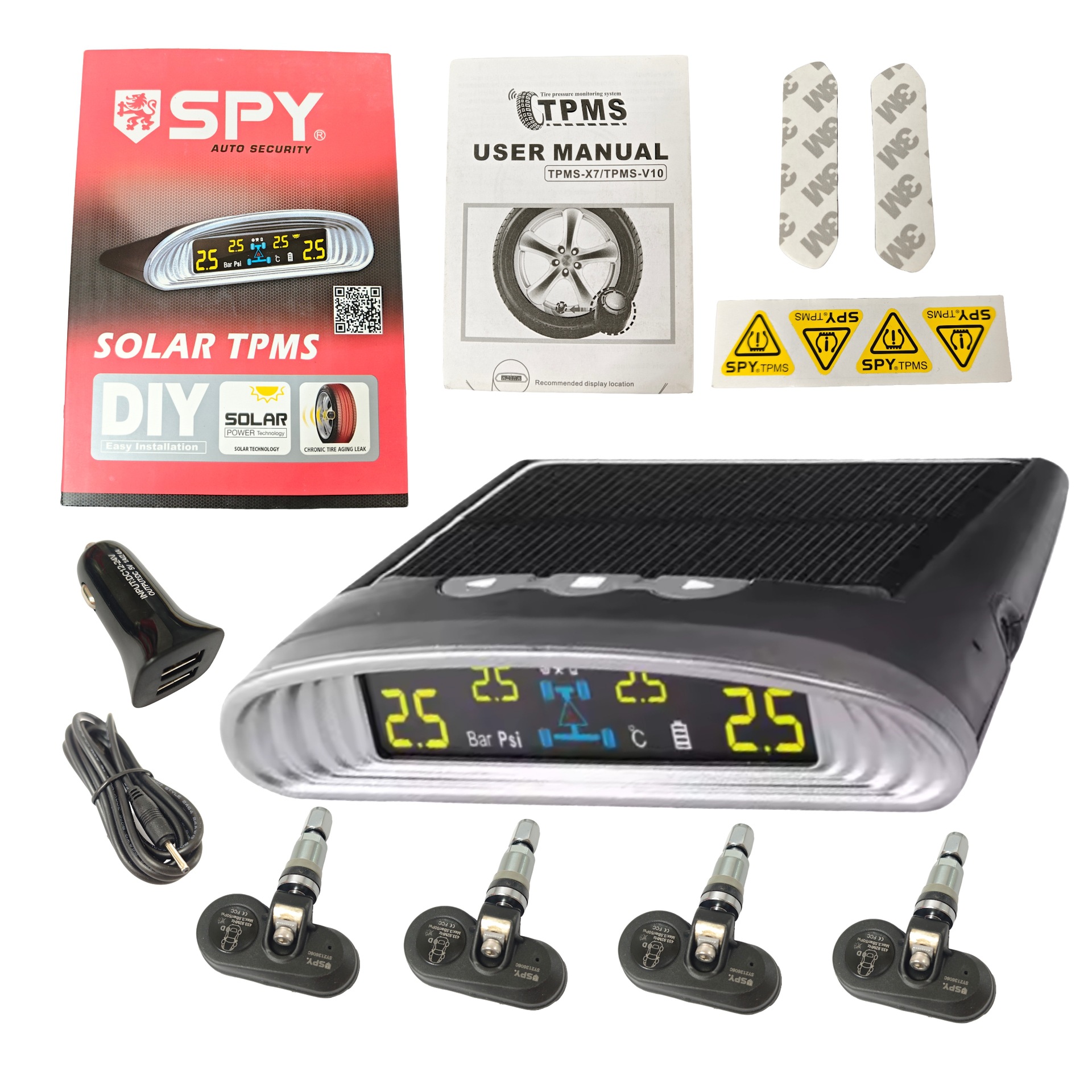 Spy Car Tire Pressure Monitoring System Usb+Solar Charging Lcd Screen Display Tire Pressure Temperature Security Alarm