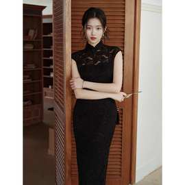 新中式复古黑色蕾丝旗袍优雅气质收腰显瘦性感纯欲包臀连衣裙女夏