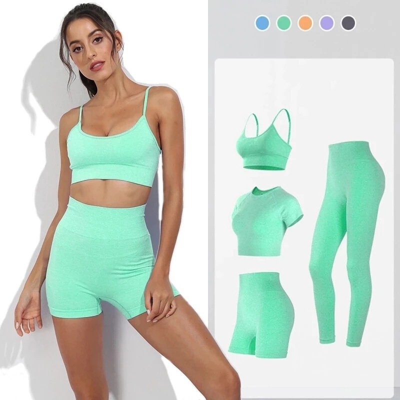Cross-border four-piece solid color yoga clothing women's camisole seamless bra shorts pants short sleeve fitness suit