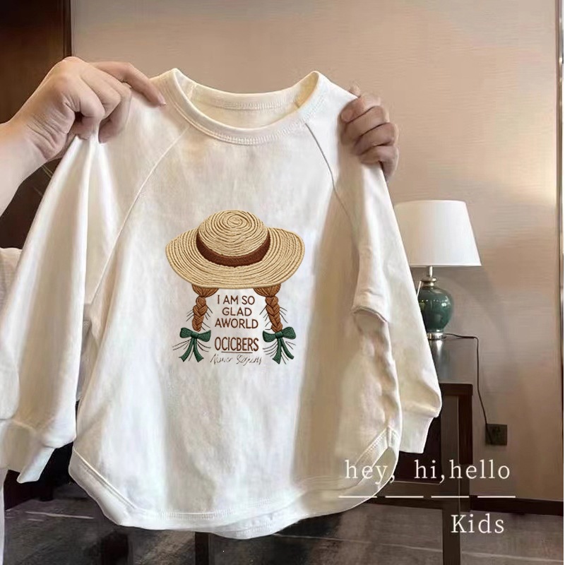Girls' Spring and Autumn Pure Cotton Printed Base Shirt, Stylish Long-Sleeve T-Shirt for Older Children, Children's Casual Top, Wholesale for Foreign Trade