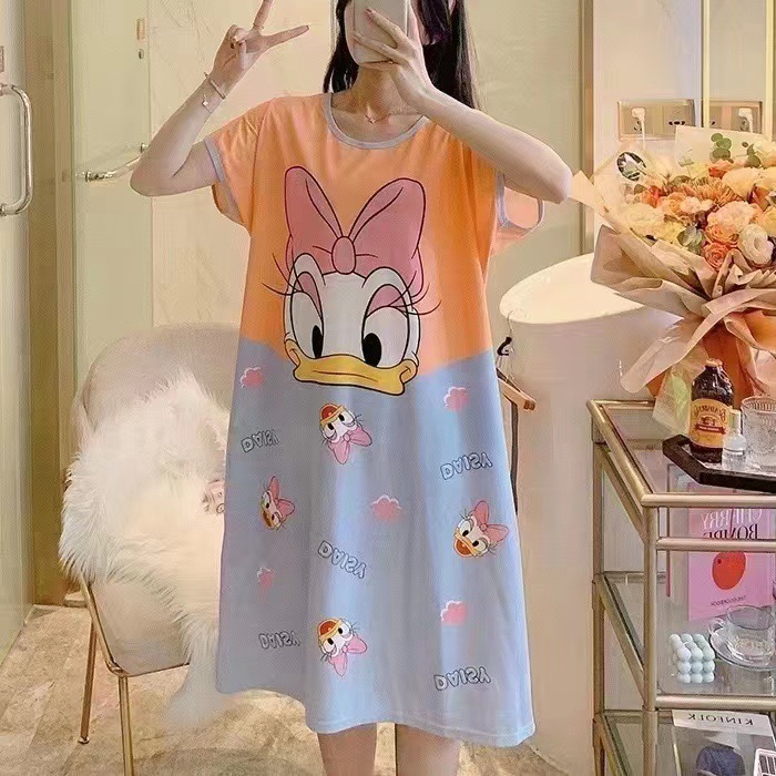 Spot falda de mujer viento perezoso talla grande camisón de mujer manga corta suelta y cómoda cuello redondo lindo vestido de casa con estampado de dibujos animados