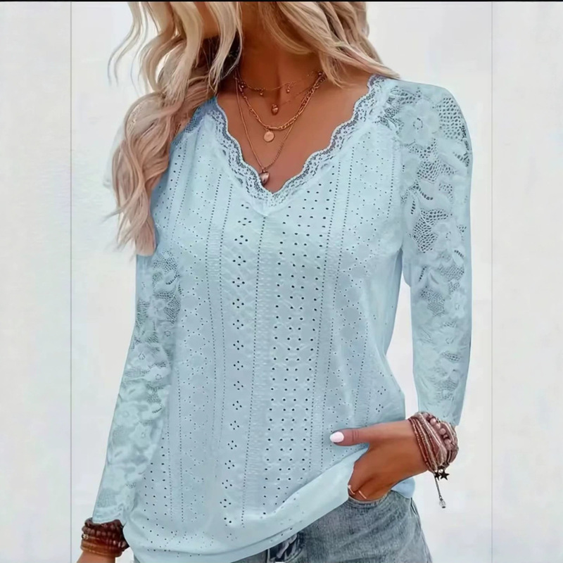 European and American Cross-Border Women's Clothing 2026 Amazon Summer New V-Neck Lace Versatile Patchwork Loose Casual Eyelet T-Shirt European and American Cross-Border Women's Clothing 2026 Amazon Summer New V-Neck Lace Versatile Patchwork Loose Casual Eyelet T-Shirt