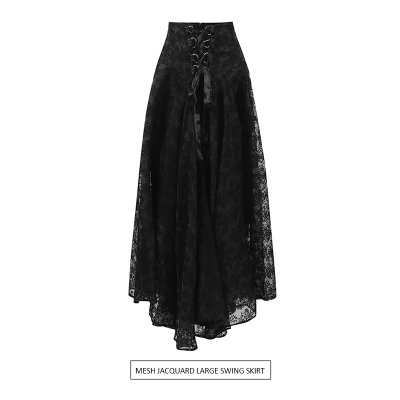 European and American Cross-Border Niche High-Waisted Long Skirt 2026 New Style Mesh Jacquard Design Tie-Up Flared Skirt for Women Trendy