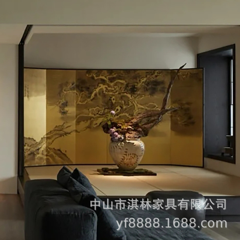 定制中古日式金箔屏风手绘漆画茶室客厅隔断实木民宿折屏背景墙