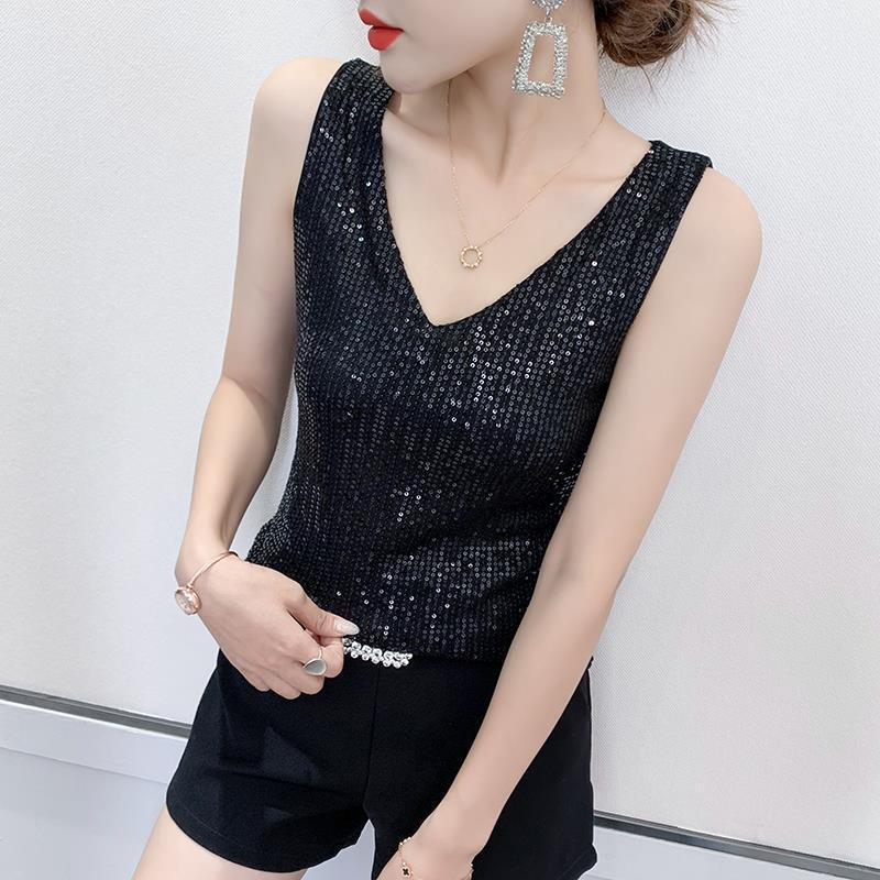 Real Shot of 2024 Double-Layer Mesh V Neck Sequins Seamless Hemming Fashionable Suspender Shirt Glitter Sequined Vest Inner Wear