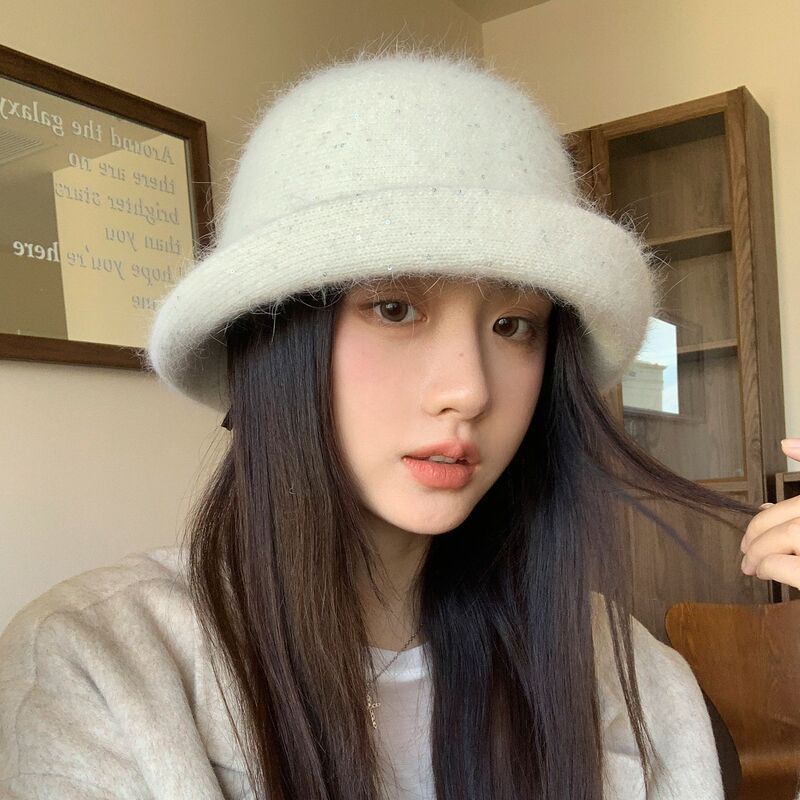 新款秋冬卷边圆顶小礼帽女户外时尚大头围渔夫帽旅游保暖兔毛帽子|undefined