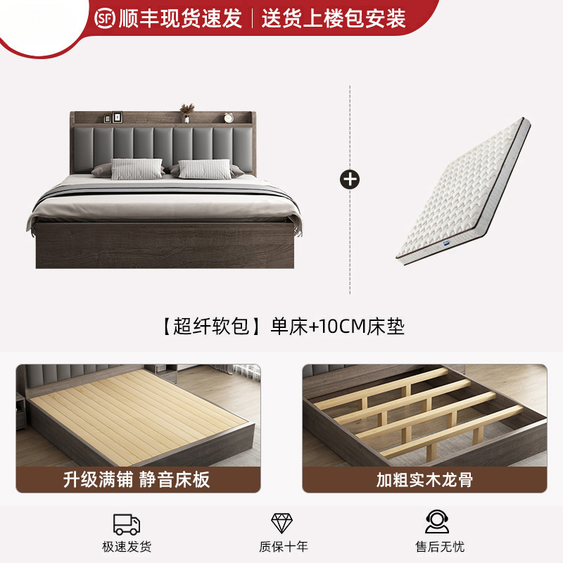 实木床现代简约.米床双人床家用.新款储物床出租房用单人床架|undefined