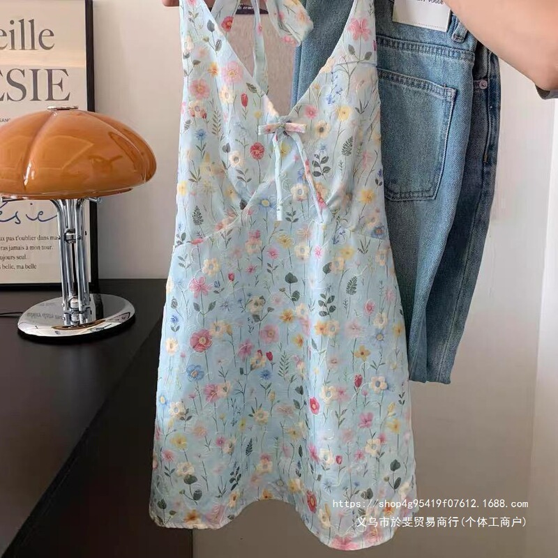 Sweetly designed halter neck sleeveless tank top for women, summer floral embroidered shirt, small top, 2026 model