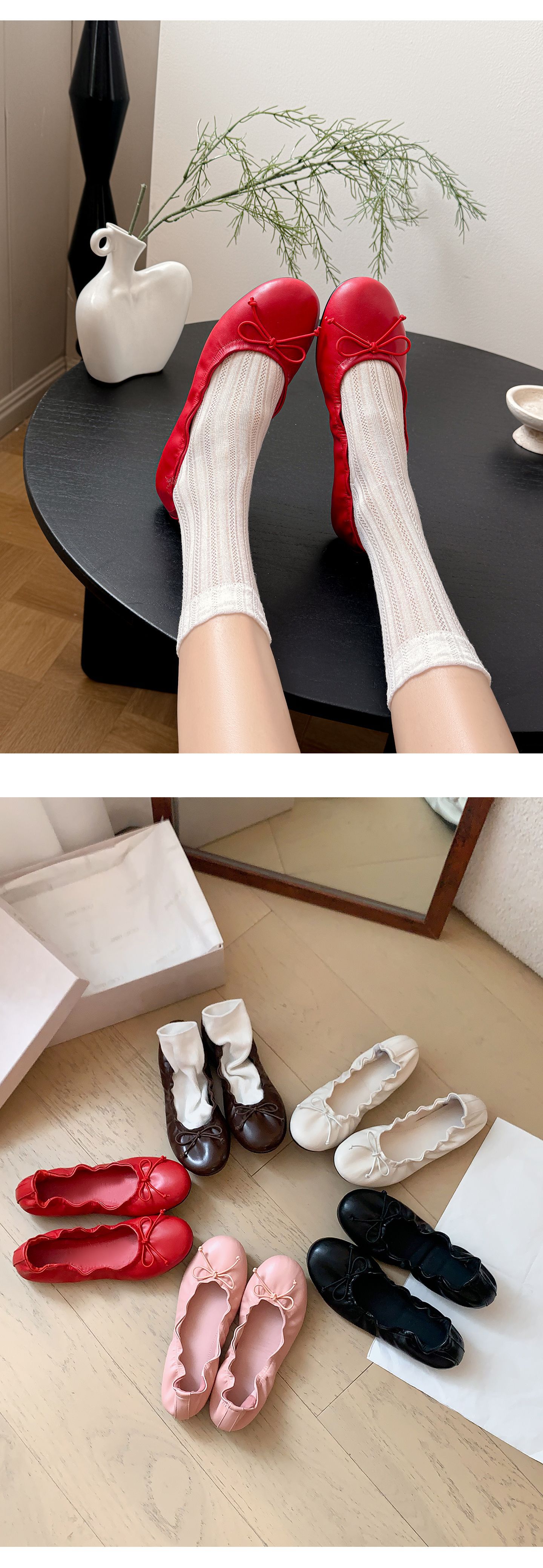Giày ballet nữ mũi tròn buộc dây nơ, đế mềm, miệng nông — màu nâu chi tiết 2