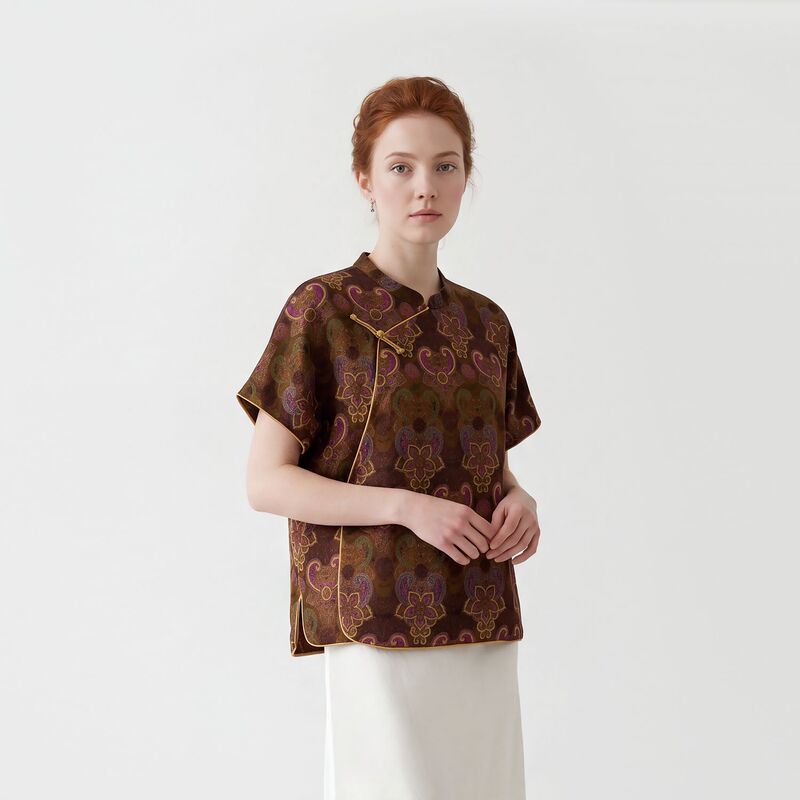 New Chinese-Style Retro Stand-Collar Short-Sleeve Blouse 2026 Summer New Model with Diagonal Collar, Compact and Elegant Tea Dress Top for Women New Chinese-Style Retro Stand-Collar Short-Sleeve Blouse 2026 Summer New Model with Diagonal Collar, Compact and Elegant Tea Dress Top for Women