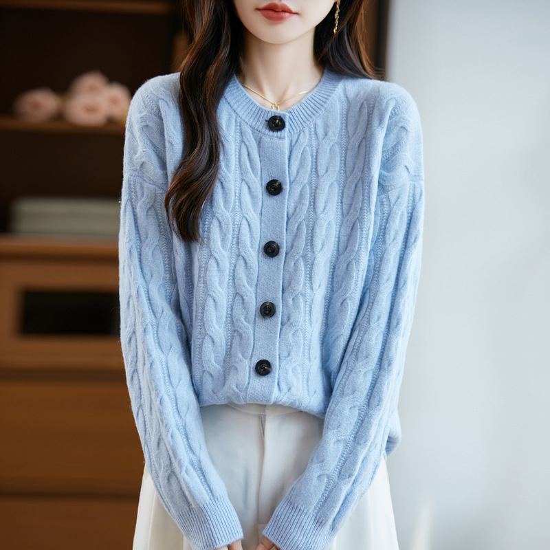 秋冬新款加厚纯羊毛开衫女圆领百搭毛衣扭花宽松百搭上衣针织外套|undefined