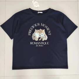 日单尾货批发 加大加肥小猫图案圆领女款短袖T恤厂家尾货批发