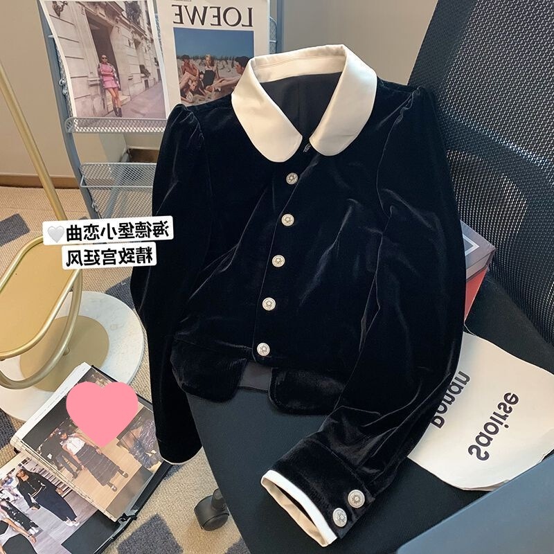 Autumn Elegant Socialite Style Niche Fashion Youthful French-Style Petite Velvet Doll Collar Shirt Women's Top